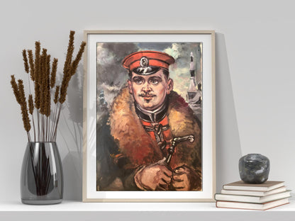 Framed oil painting portrait of officer in winter by Alexander Litvinov