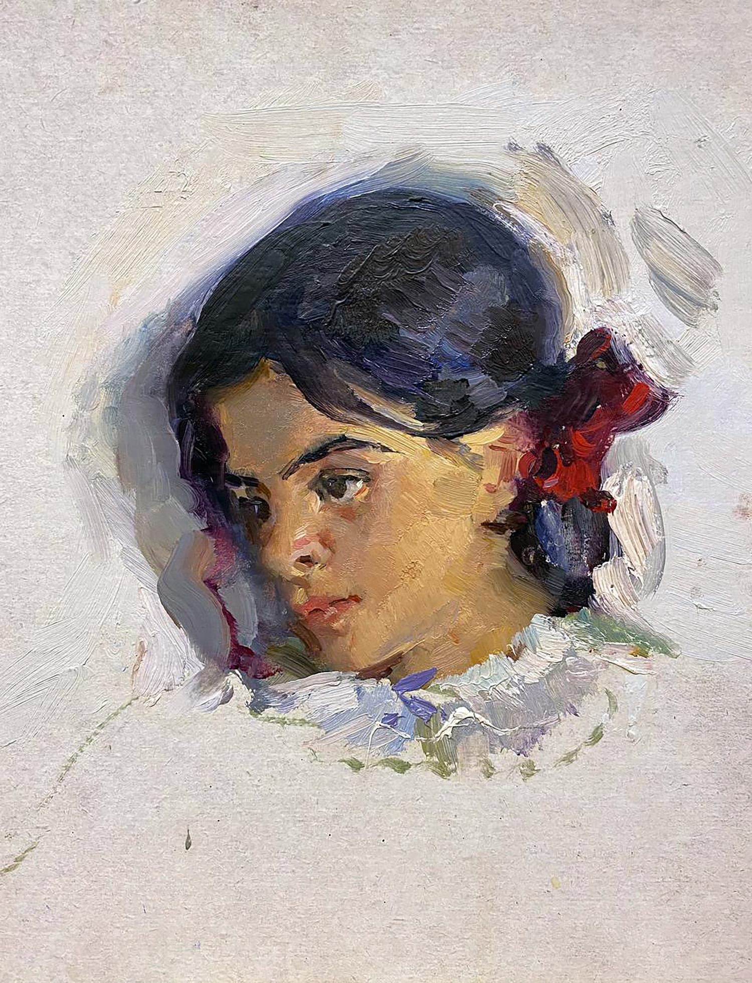 Oil painting portrait of girl with red ribbon by Leonid Mikhaylovich