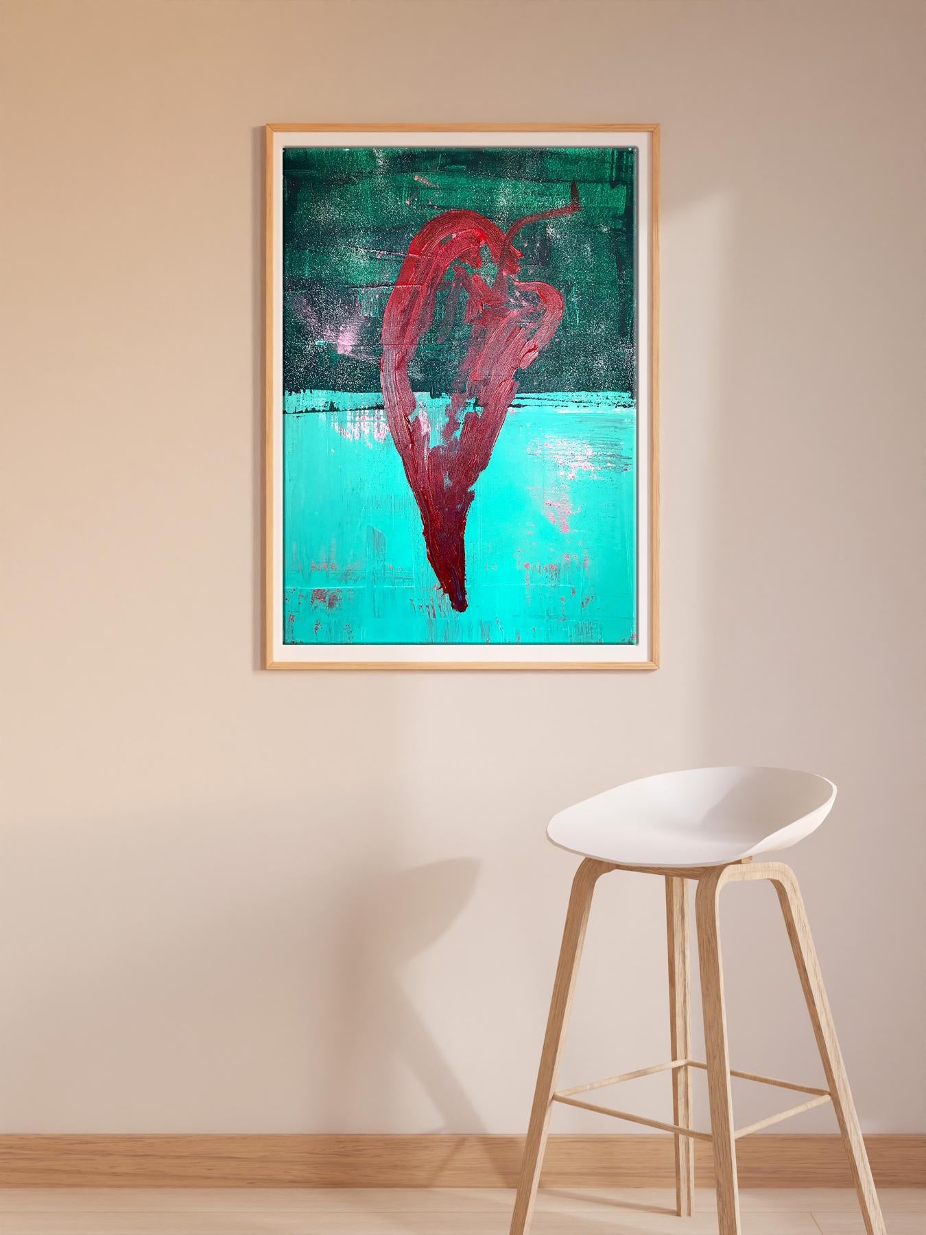 Acrylic painting Pepper Melezhik Olga: red heart on teal green background