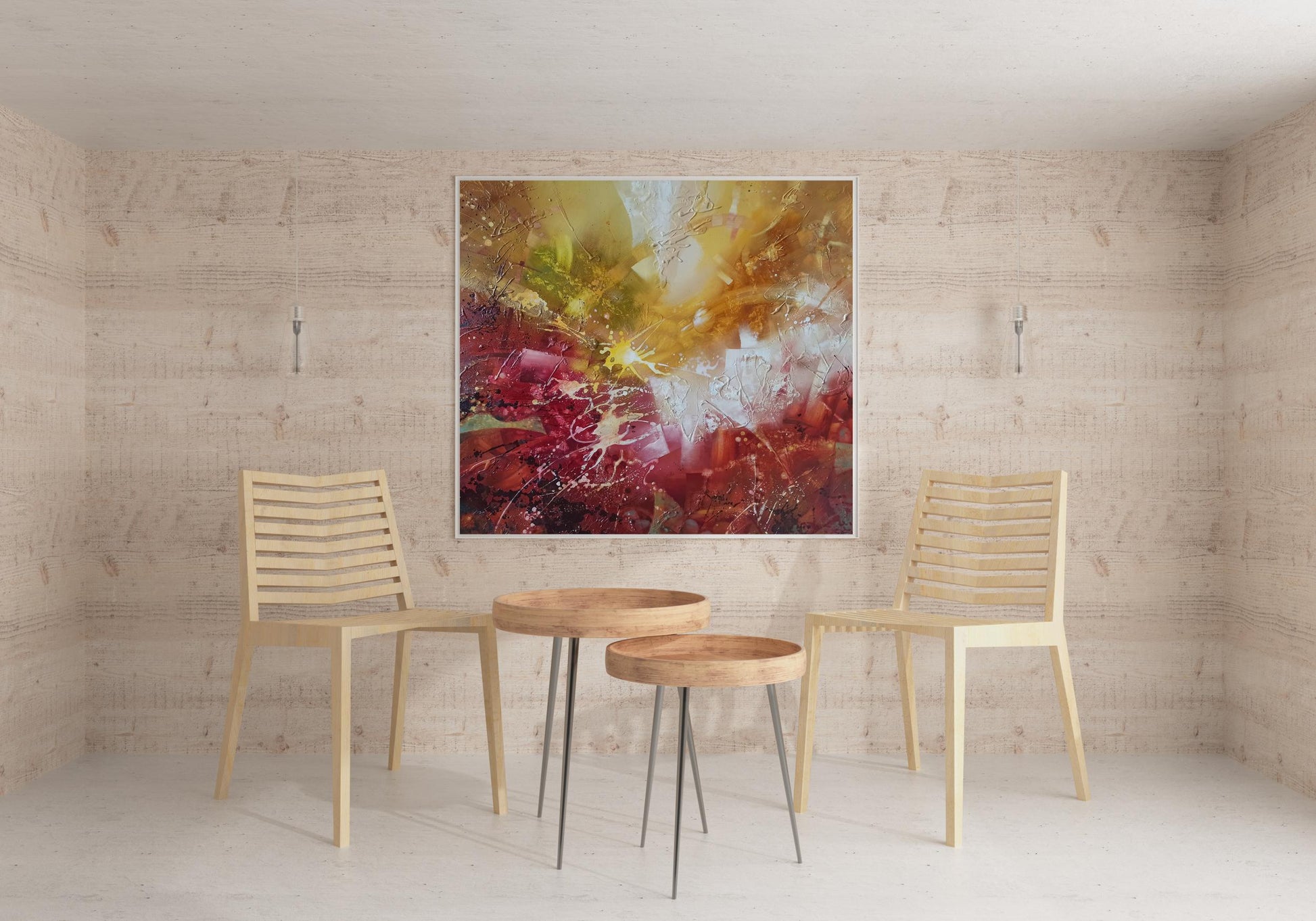 Abstract oil painting Awakening by Anatoly Tarabanov with red yellow white swirls