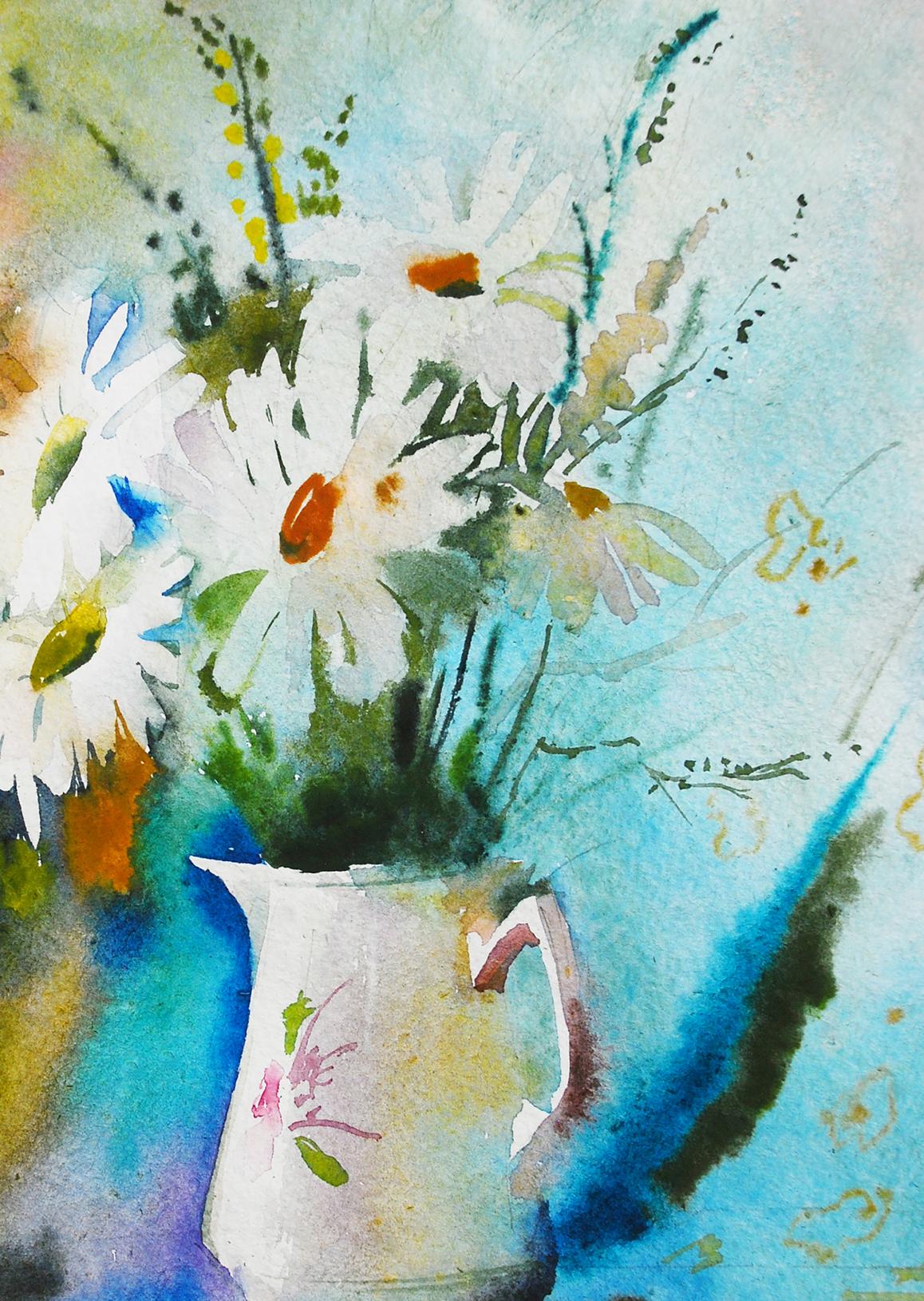 Watercolor chamomile painting by Egor Shvachunov in white floral pitcher