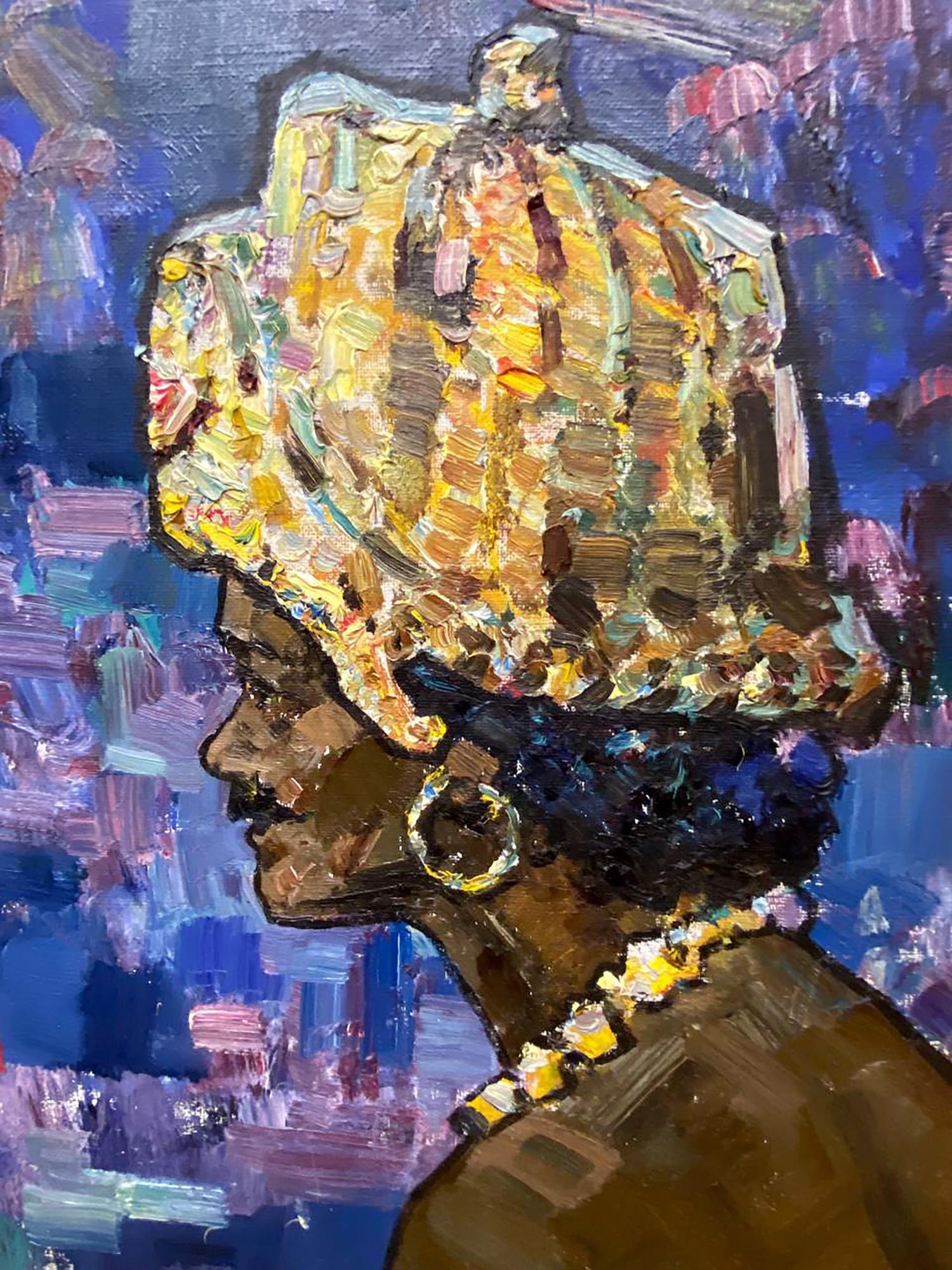 Vibrant oil painting of Hindu style woman in ornate golden headwrap by Leonid Mikhaylovich