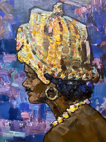 Vibrant oil painting of Hindu style woman in ornate golden headwrap by Leonid Mikhaylovich