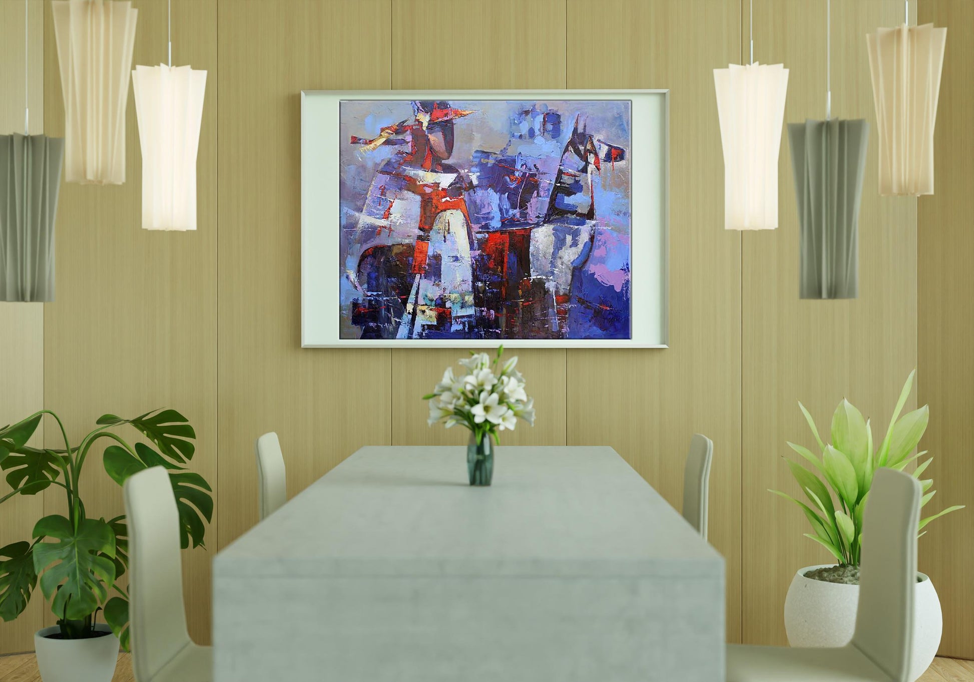 Oil painting Evening Rendezvous by Valentina Alekseevna Kozyar in white frame