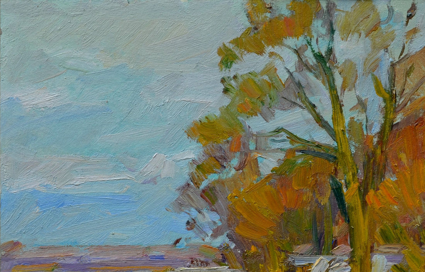 Oli painting first snow landscape Pereta Vyacheslav