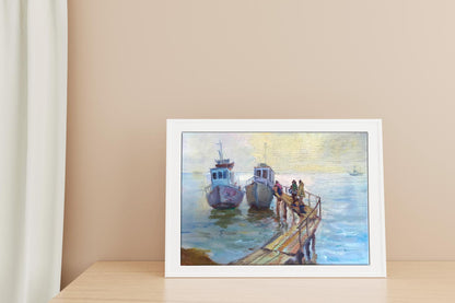 White-framed Oil painting On the Pier by Myshurovsky Victor with boats at dock