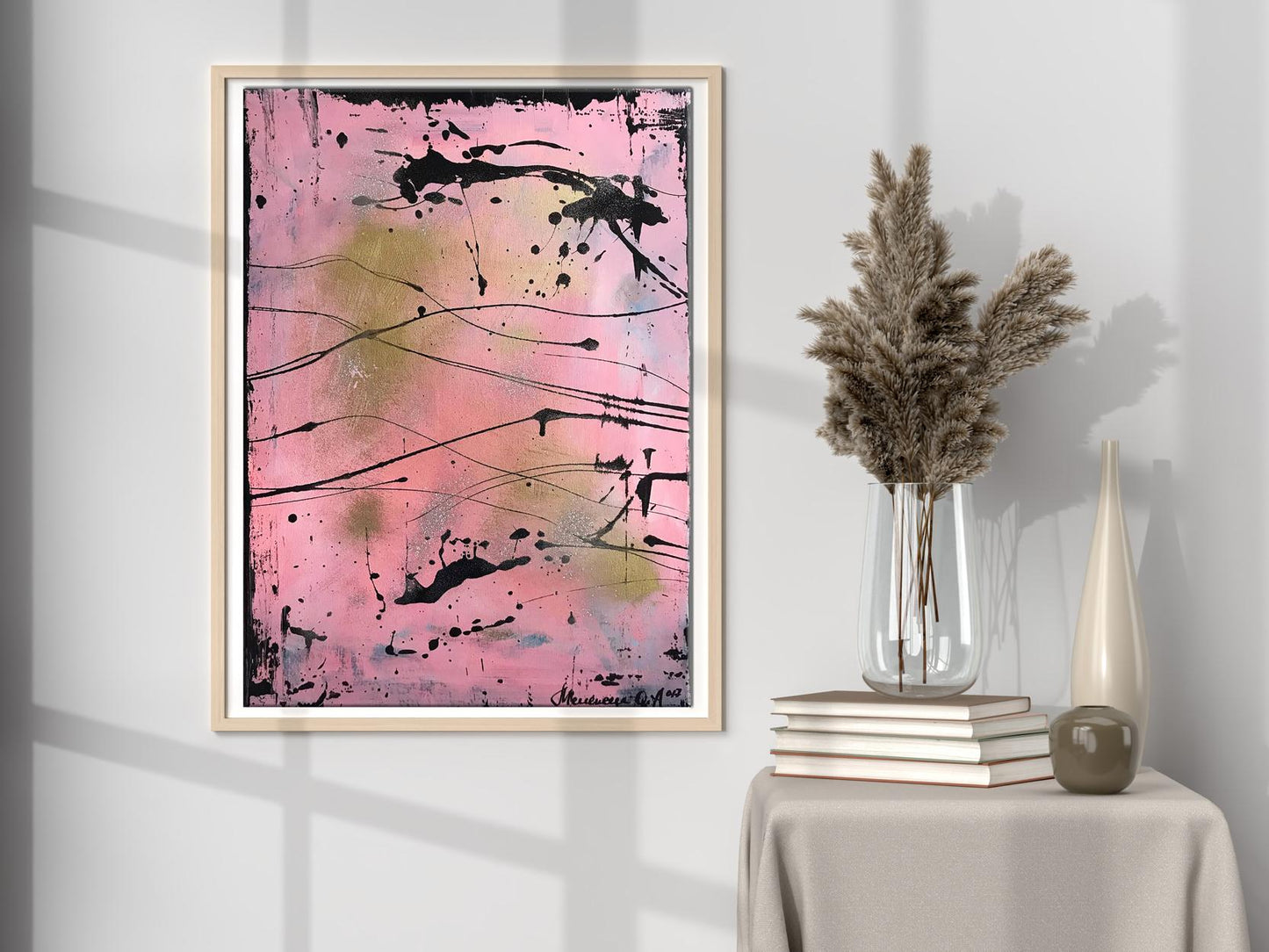 Pink abstract Tenderness painting by Olga Melezhik in light wood frame