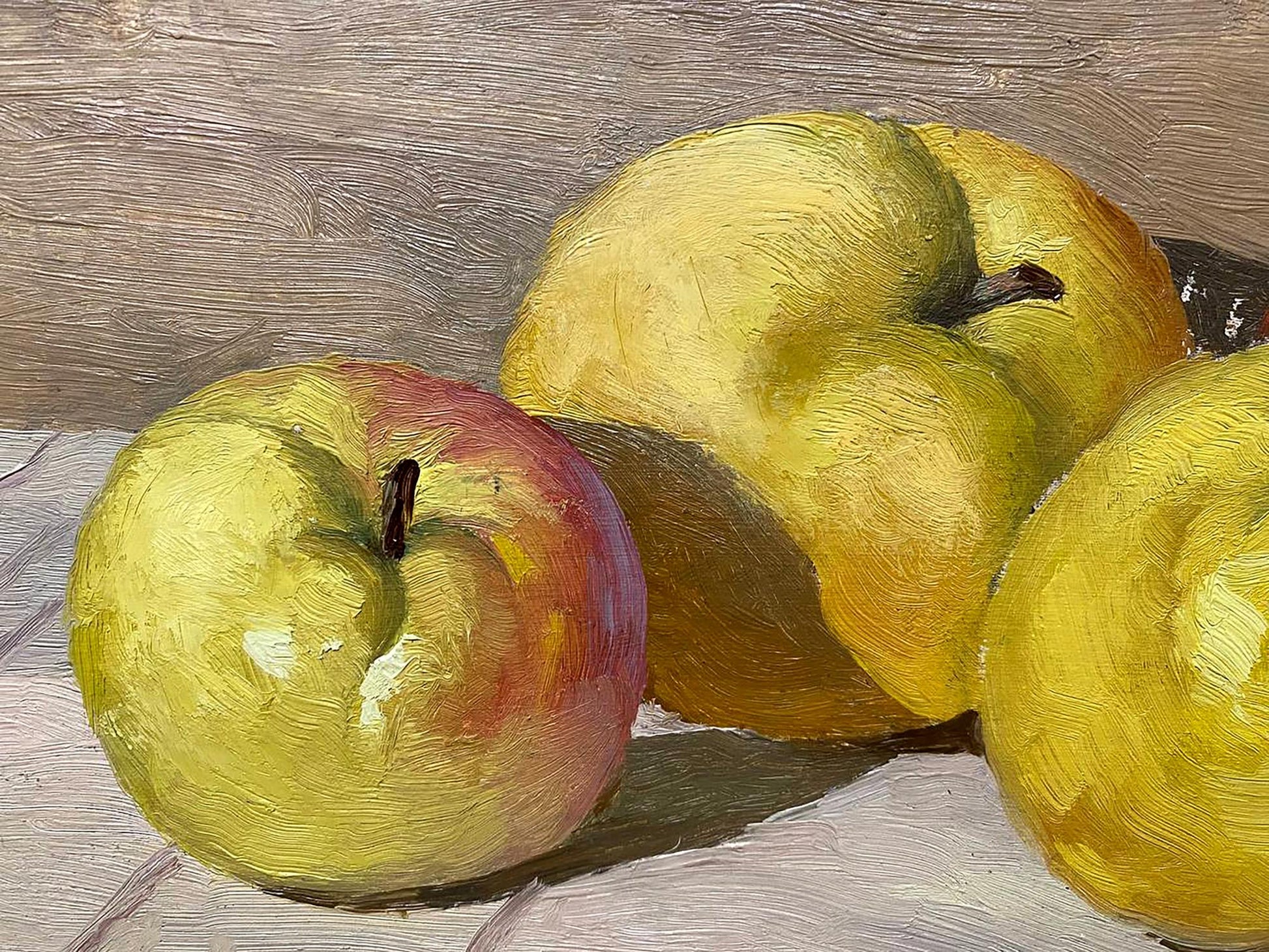Oil painting of vibrant yellow-green apple with red blush by unknown artist