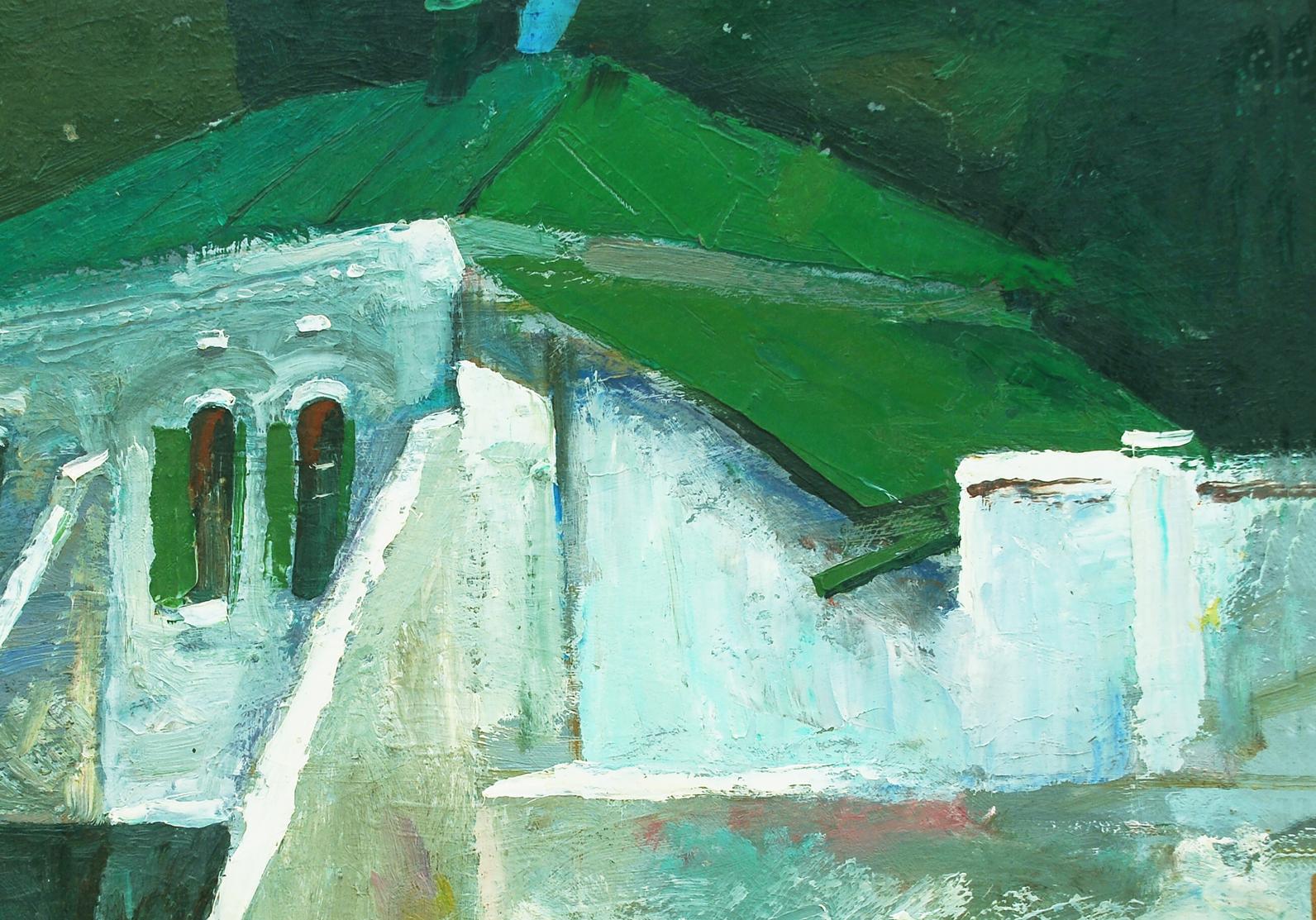 Oil painting of Buttress House by Egor Shvachunov, textured white building with green roof