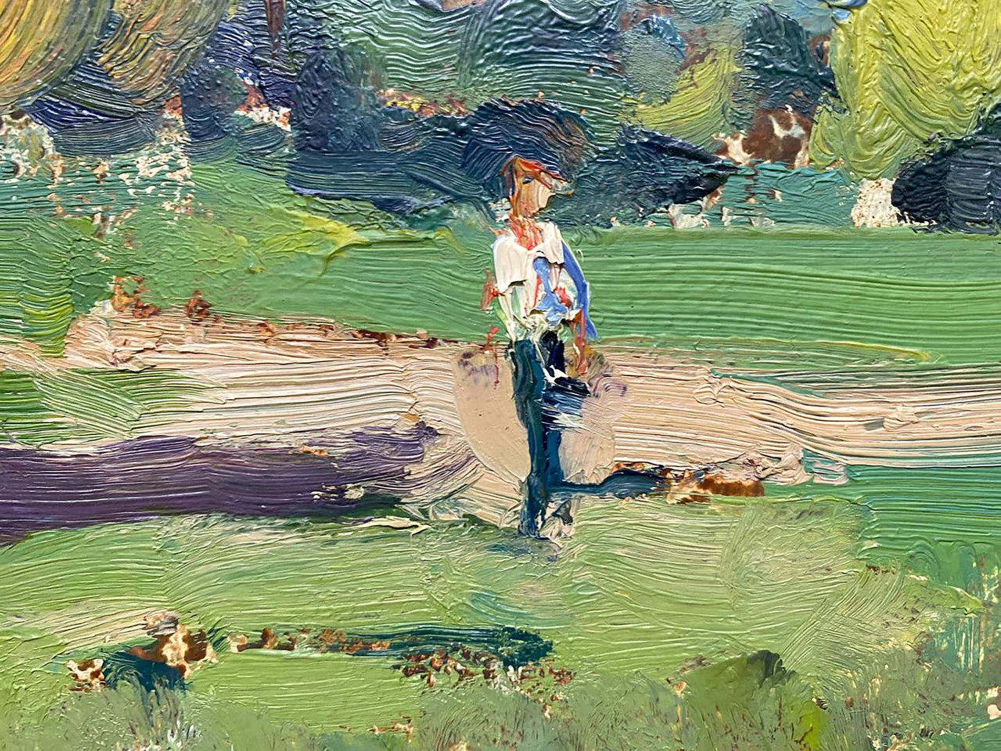 Oil painting Urban autumn by Petrov Georgy Petrovich, impressionist figure in blue on path