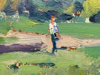 Oil painting Urban autumn by Petrov Georgy Petrovich, impressionist figure in blue on path