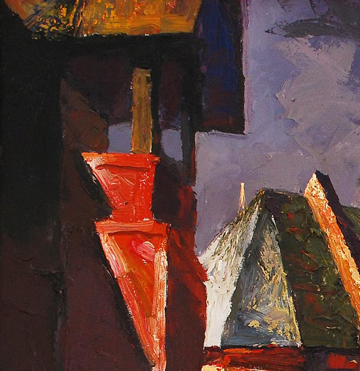 Vibrant red textured oil painting of Old Misto vase by Storm Egor Shvachunov