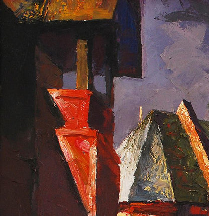Vibrant red textured oil painting of Old Misto vase by Storm Egor Shvachunov