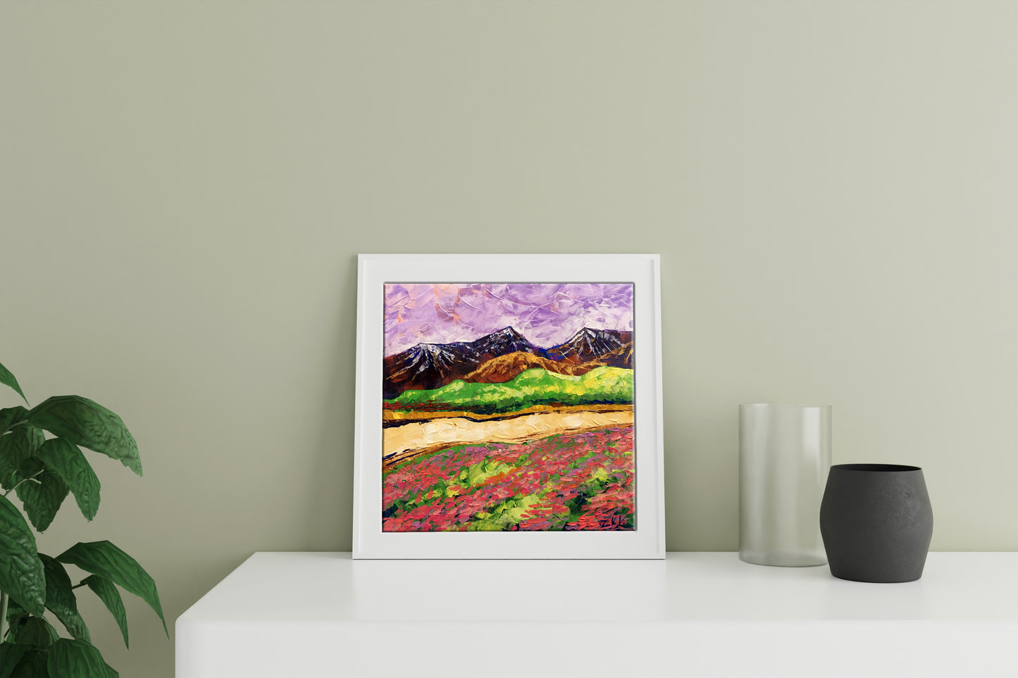 Oil painting Colorful mountains V. Zadorozhnya with purple skies and pink fields