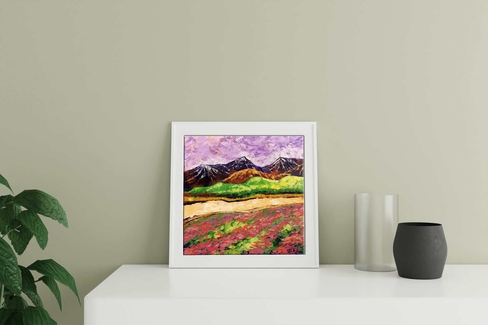Oil painting Colorful mountains V. Zadorozhnya with purple skies and pink fields