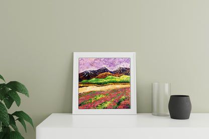 Oil painting Colorful mountains V. Zadorozhnya with purple skies and pink fields