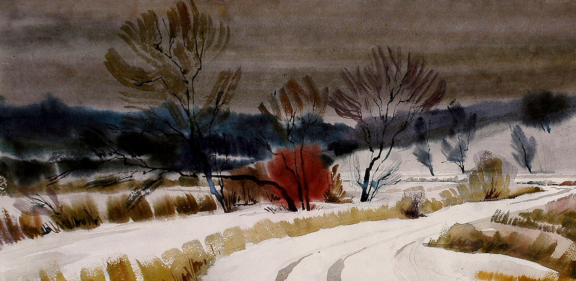 Watercolor painting Winter snowy landscape with red tree by Obolon Egor Shvachunov