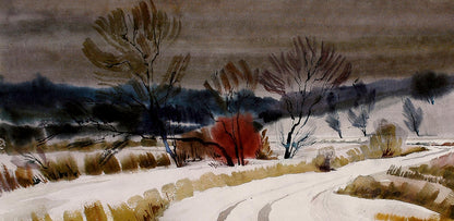Watercolor painting Winter snowy landscape with red tree by Obolon Egor Shvachunov