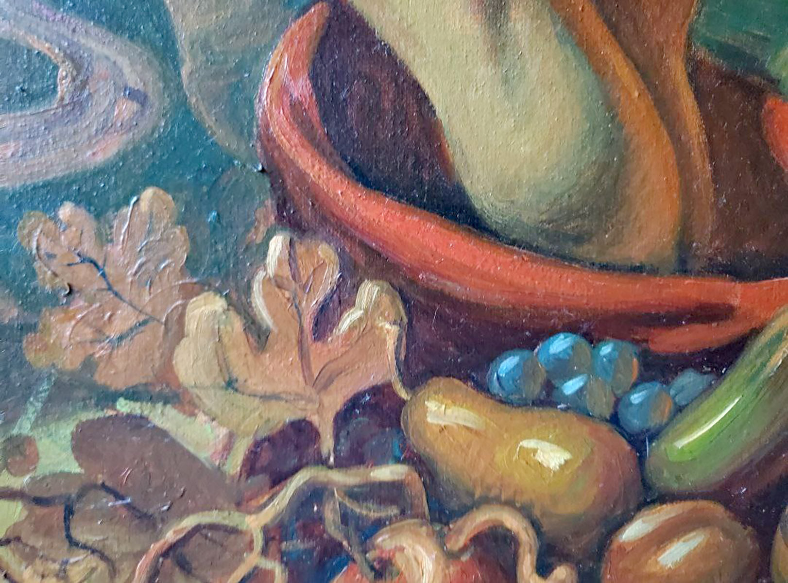 Oil painting Allegory of Autumn by Litvinov Daniil Olegovich: terracotta bowl with blue grapes, golden pears, oak leaves