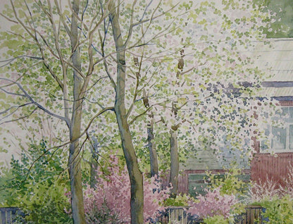 Watercolor painting Village garden Valery Savenets