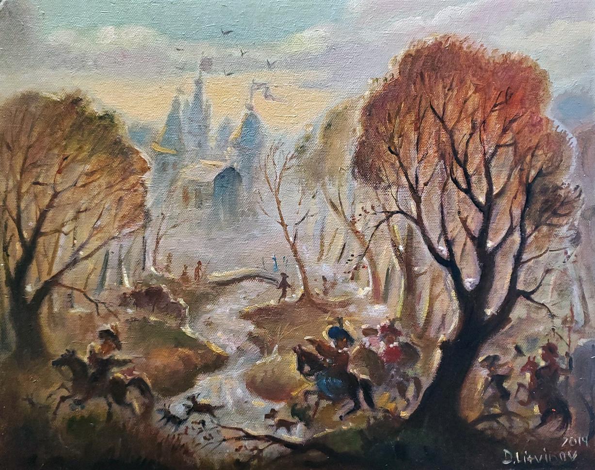 Oil painting Spring hunting by Litvinov Daniil Olegovich: autumnal landscape with castle