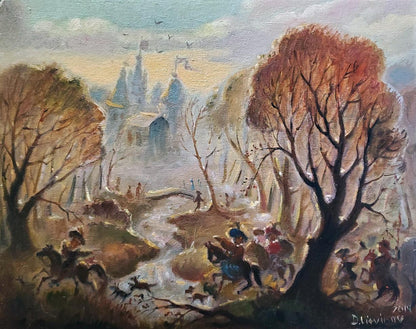 Oil painting Spring hunting by Litvinov Daniil Olegovich: autumnal landscape with castle