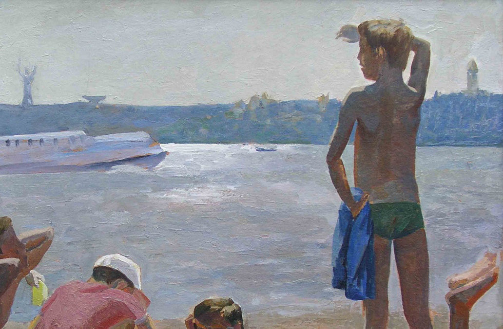 Oil painting of boy in green trunks on beach with blue towel, Hydropark Chichkan by Leonid Illich