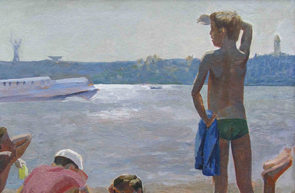 Oil painting of boy in green trunks on beach with blue towel, Hydropark Chichkan by Leonid Illich
