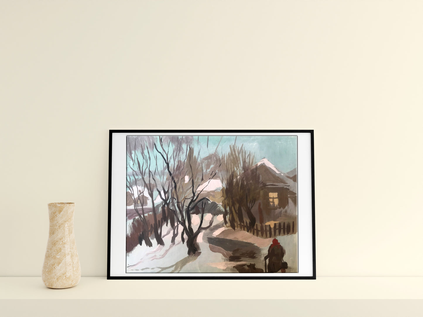 Oil painting Grandma returns in the evening by Alexander Litvinov on shelf with vase