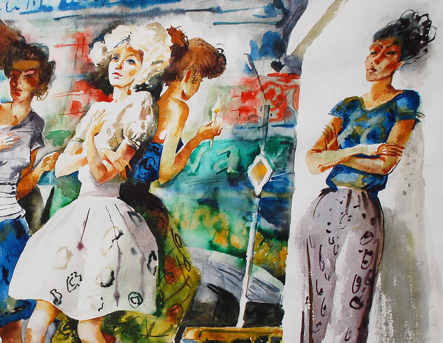 Watercolor Crosswalk painting by Egor Shvachunov with colorful women
