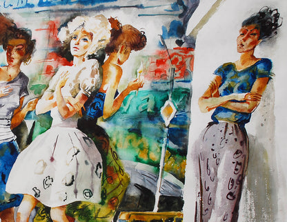 Watercolor Crosswalk painting by Egor Shvachunov with colorful women