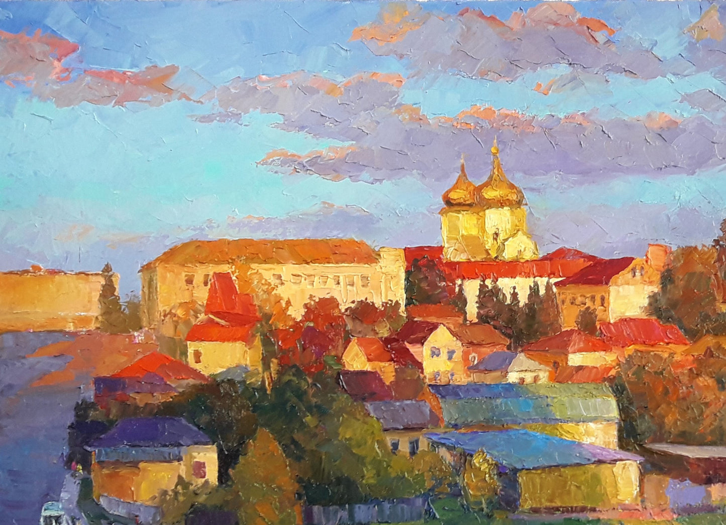 Golden-domed church above warm-toned buildings in custom landscape painting