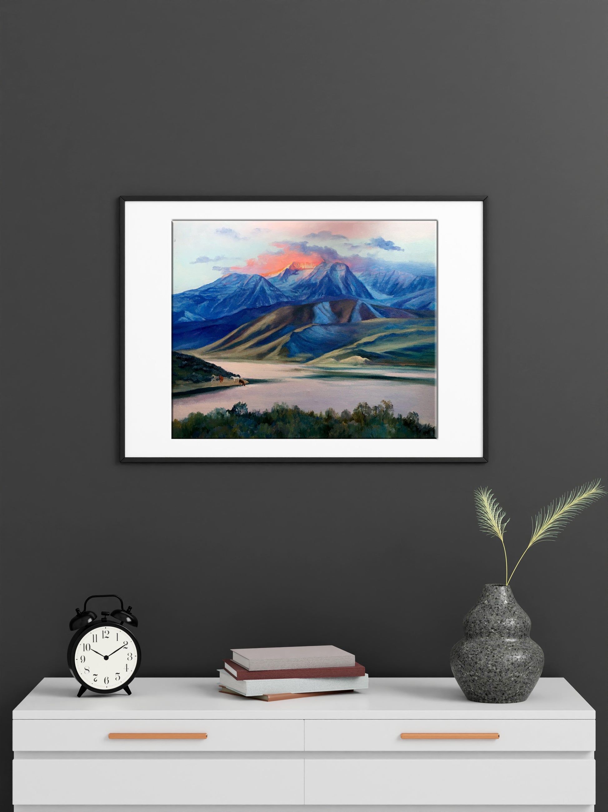 Framed watercolor of Serdyuk Boris Petrovich oil painting Sunset behind mountains