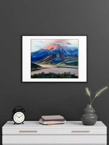 Framed watercolor of Serdyuk Boris Petrovich oil painting Sunset behind mountains