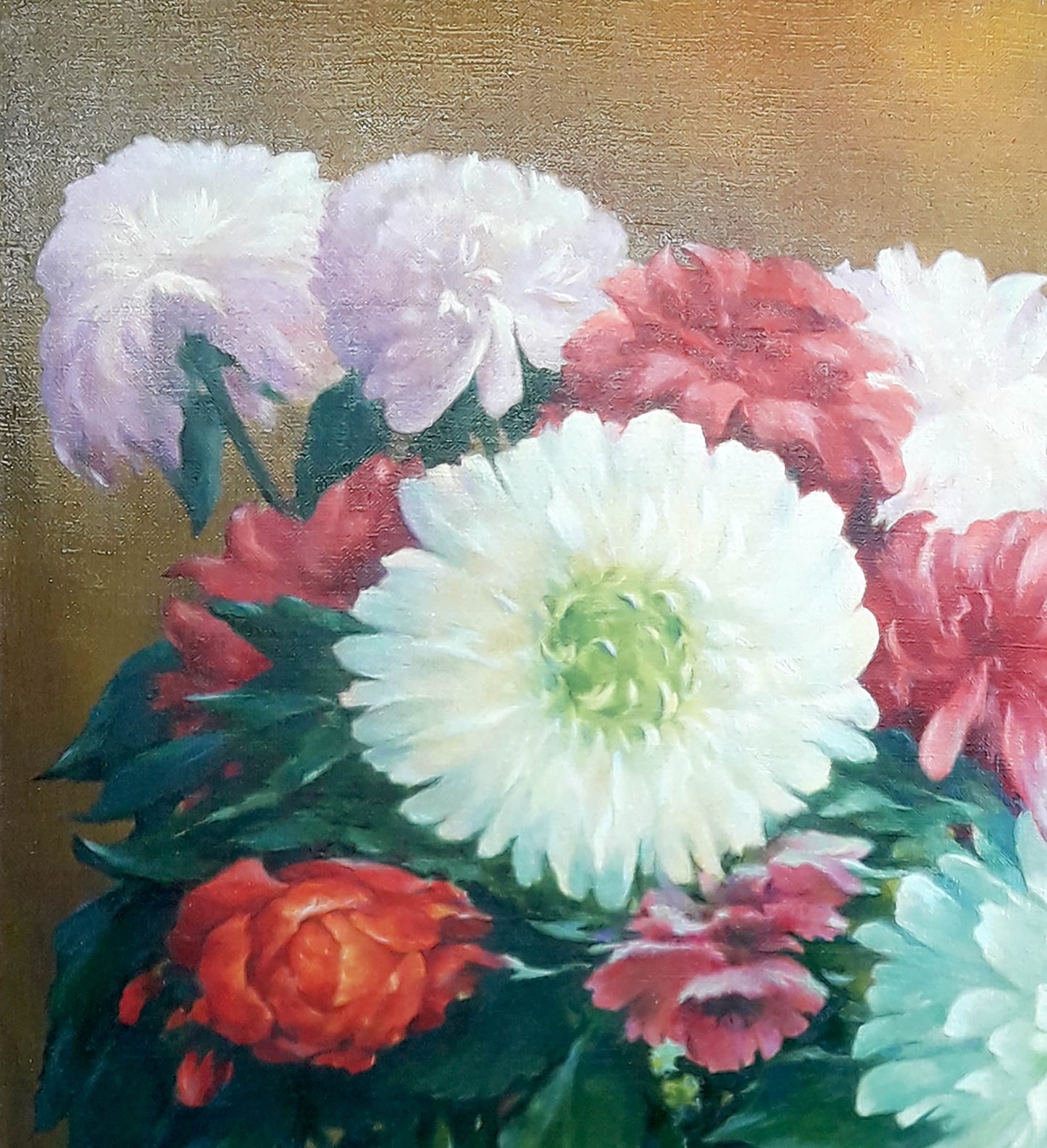 Oil painting Festive still life by Korkishko Vasily: vibrant pink, red, white flowers