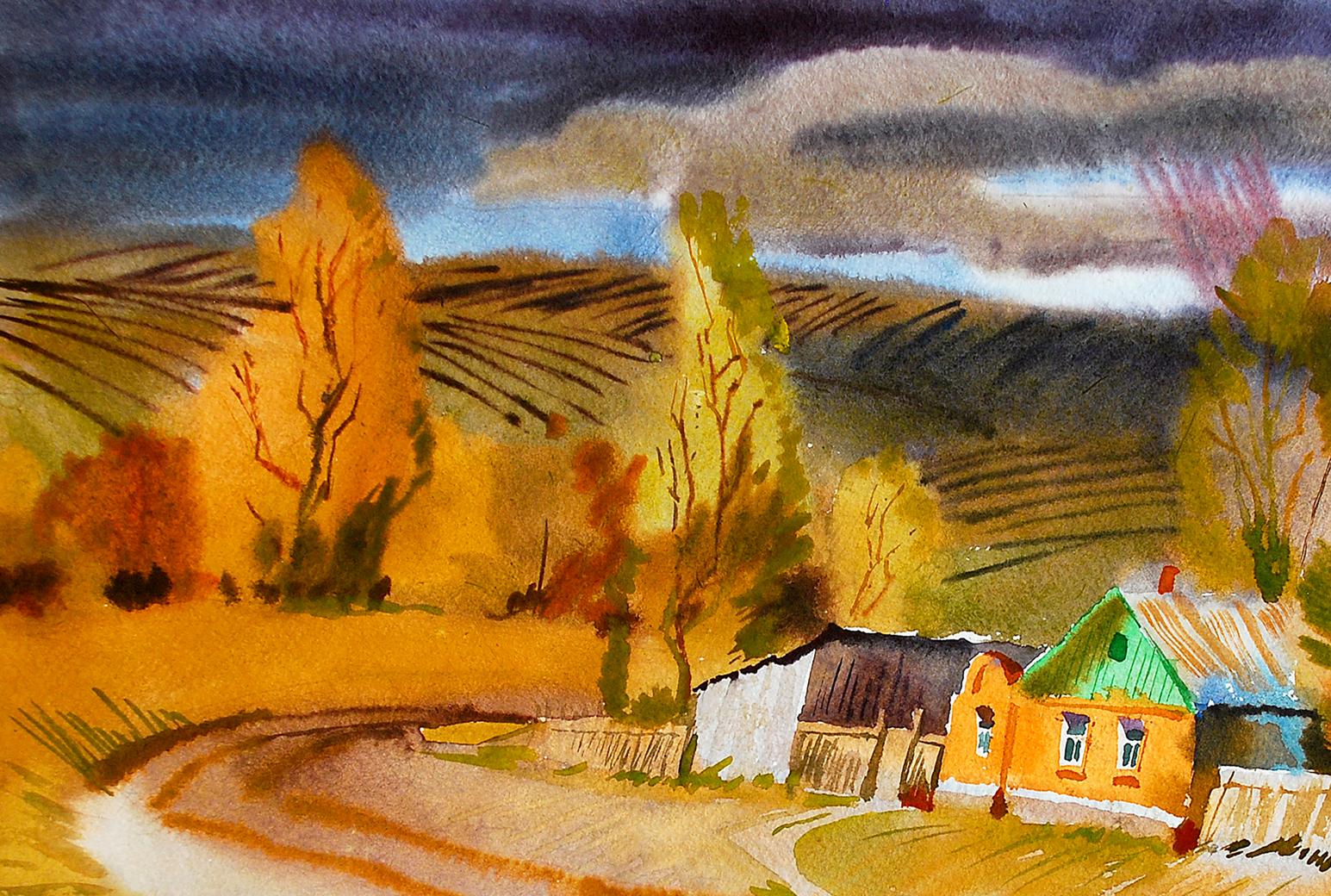 Watercolor painting On the Outskirts by Egor Shvachunov: rustic village with orange house