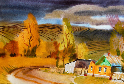 Watercolor painting On the Outskirts by Egor Shvachunov: rustic village with orange house