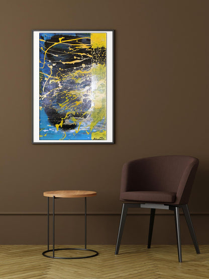 Acrylic painting Shine by Melezhik Olga with bold blue yellow black splashes