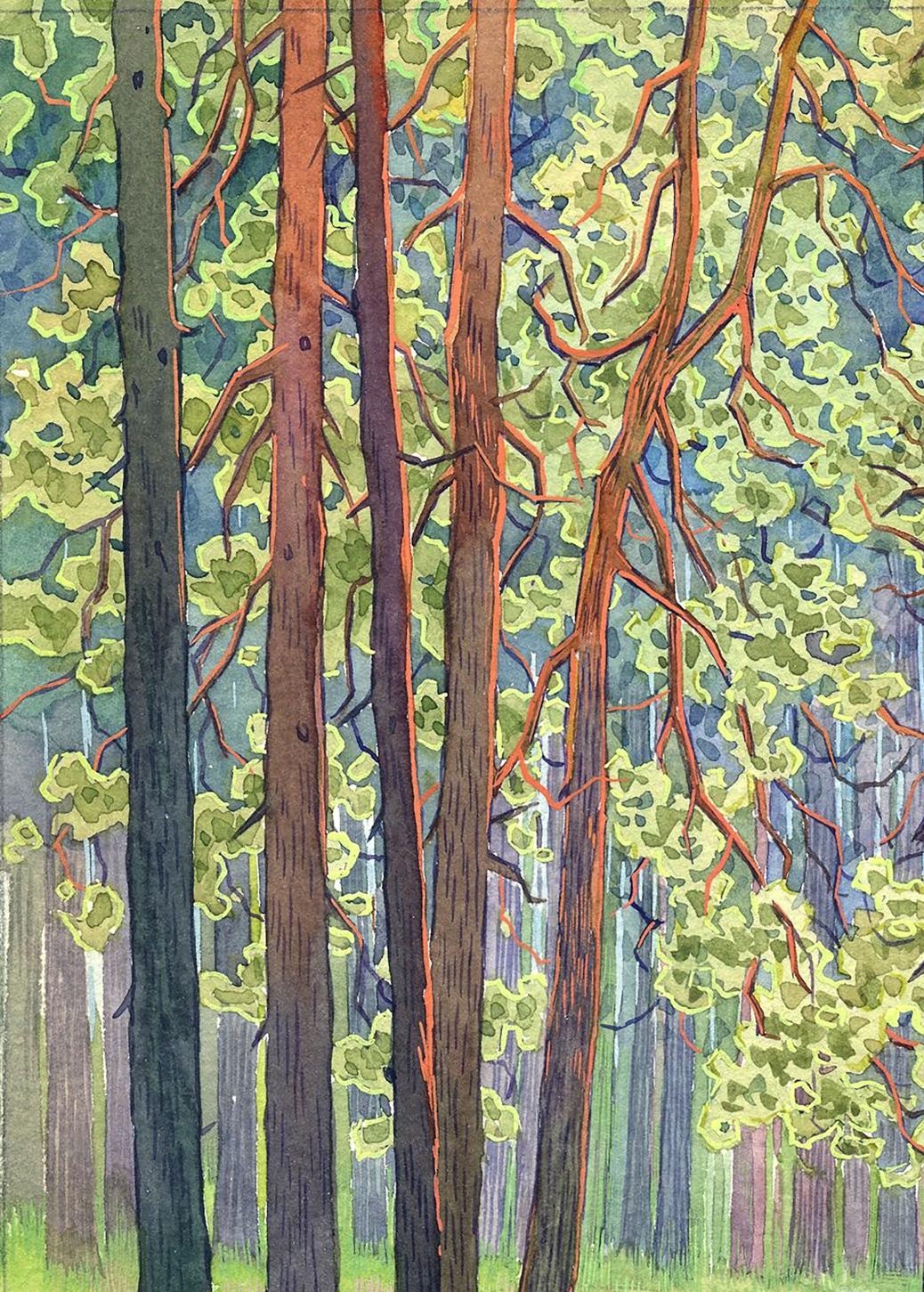 Watercolor depiction of the lush forest by Valery Savenets.