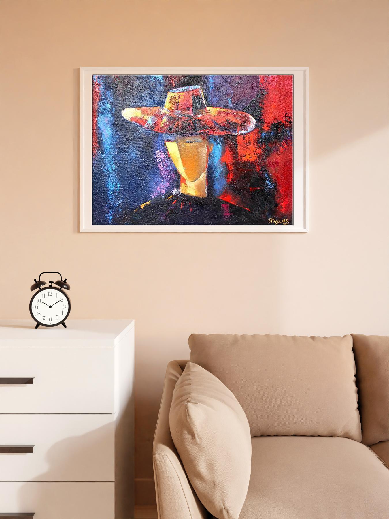 Oil painting Evening by Kirilenko Mikhail: vibrant figure in hat, reds and blues framed