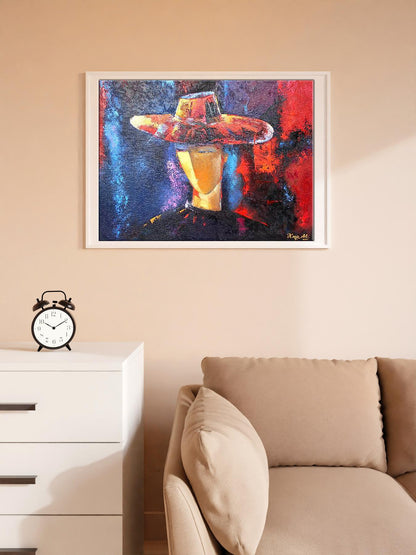Oil painting Evening by Kirilenko Mikhail: vibrant figure in hat, reds and blues framed