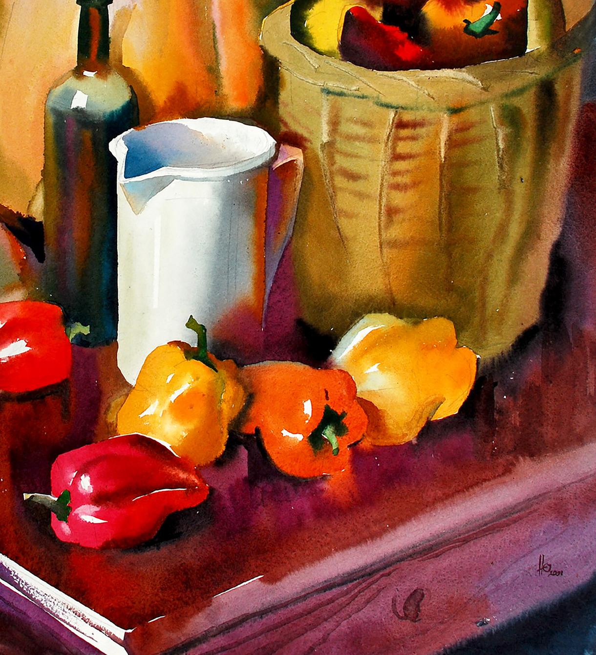 Watercolor still life painting of bell peppers and pumpkin by Egor Shvachunov