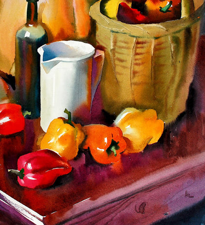 Watercolor still life painting of bell peppers and pumpkin by Egor Shvachunov