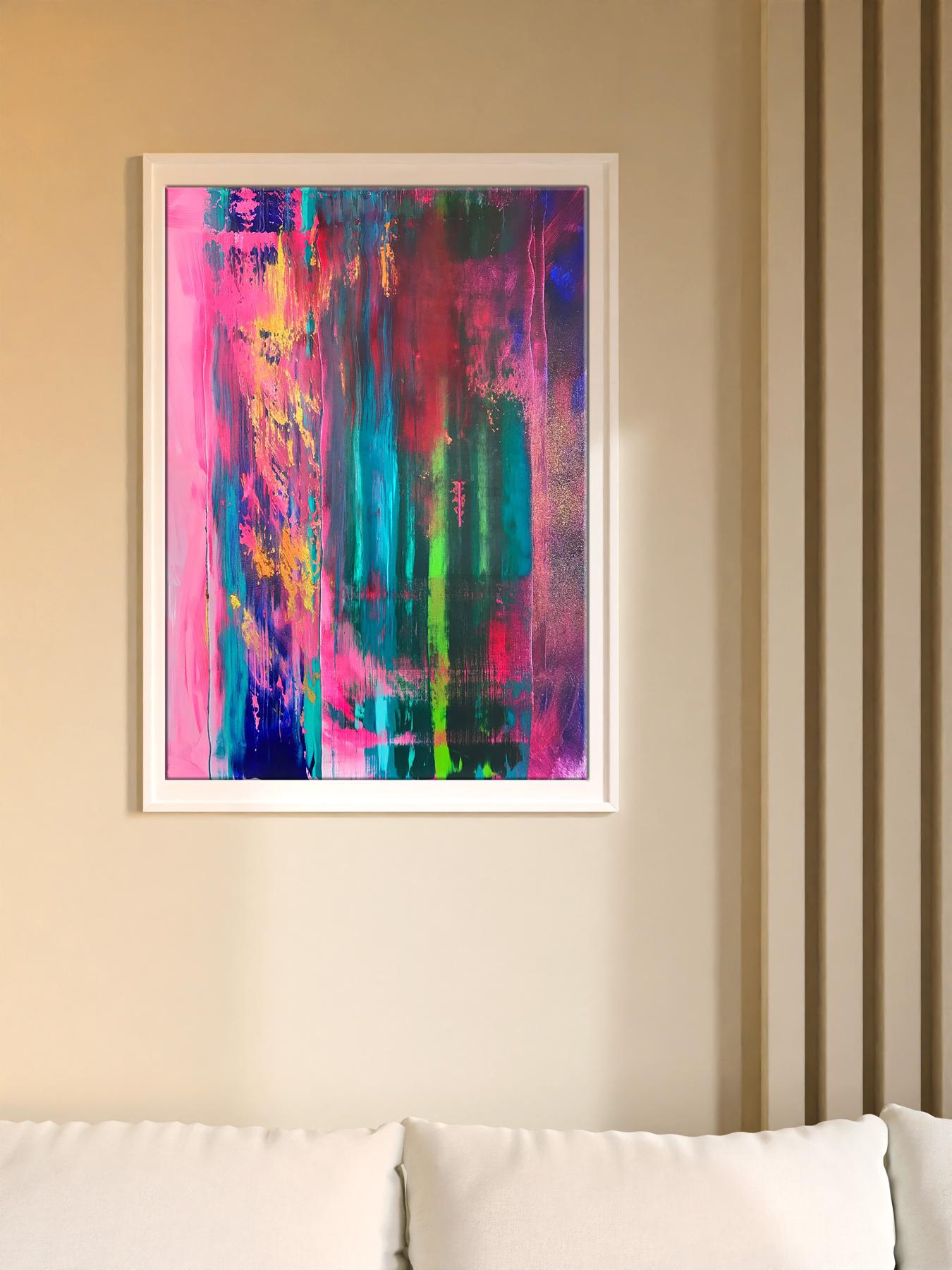 Vibrant acrylic painting Pursuit by Melezhik Olga with pink teal green purple streaks
