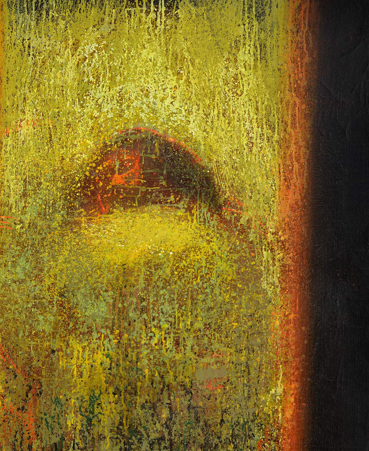 Abstract oil painting Way to Yourself by Stadnik Vladimir, textured reddish-brown shape on yellow-green background