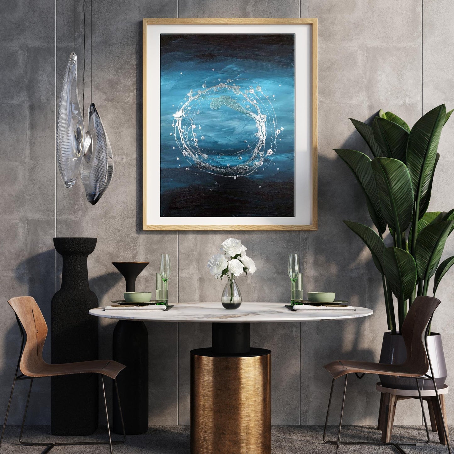 Acrylic painting necklace by Melezhik Olga with swirling blue black water splash in wood frame