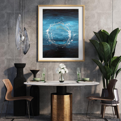 Acrylic painting necklace by Melezhik Olga with swirling blue black water splash in wood frame