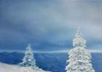 Serene winter oil painting by Vasily Korkishko: snow-laden evergreens
