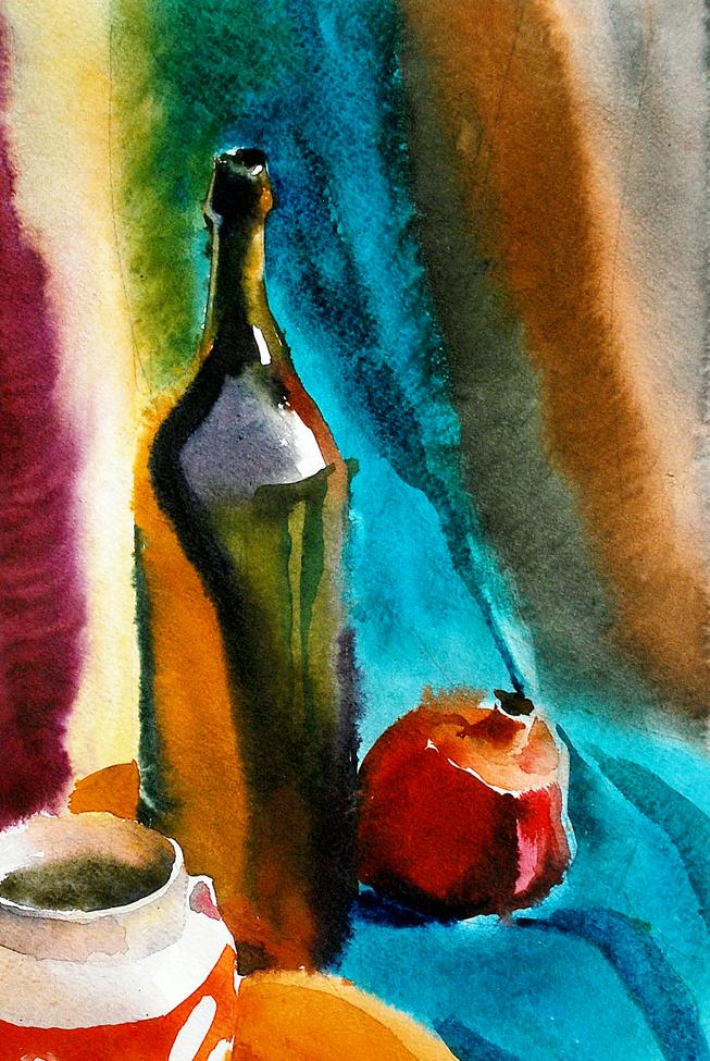 Watercolor tea and fruit still life with green wine bottle by Egor Shvachunov