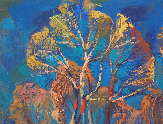 Vibrant oil painting by Egor Shvachunov: stylized trees in bold blues, yellows